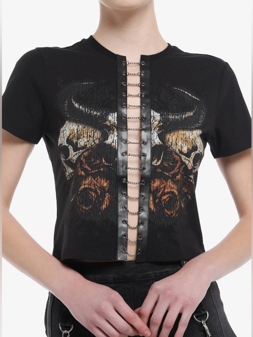 Cosmic Aura Skull & Rose Chains Girls Crop T-Shirt Size S/M
